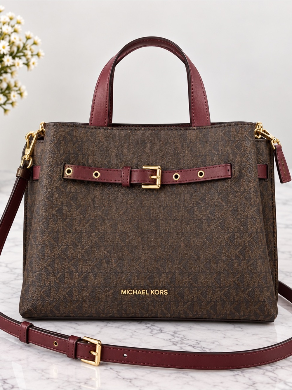 Michael Kors Brown Monogram Satchel with Burgundy Trim